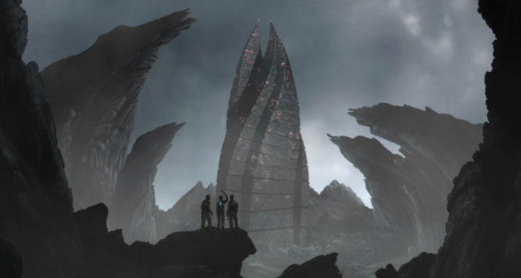 Dead Space Downfall 2008 Movie Scene Miners at Aegis VII looking at the Red Marker alien artifact
