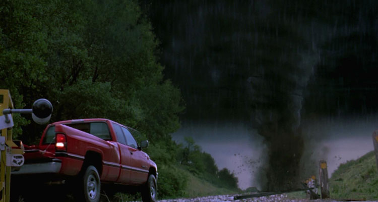 Twister [1996] Movie Red truck towing a tornado monitoring device in front of a huge twister scene