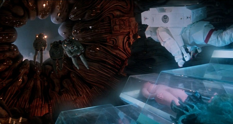 Lifeforce 1985 Movie Scene Astronauts aboard the alien vampire vessel finding three naked vampires in hibernations apparently sleeping