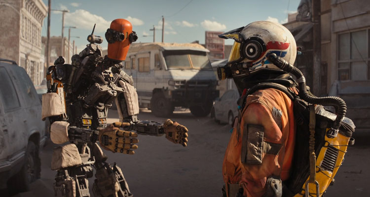 Finch 2021 Movie Scene Tom Hanks as Finch trying to explain to his robot Jeff what to do in the future
