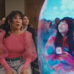 Quiz Lady 2023 Movie Scene Awkwafina as Anne Yum high on drugs while Sandra Oh as Jenny Yum is panicking